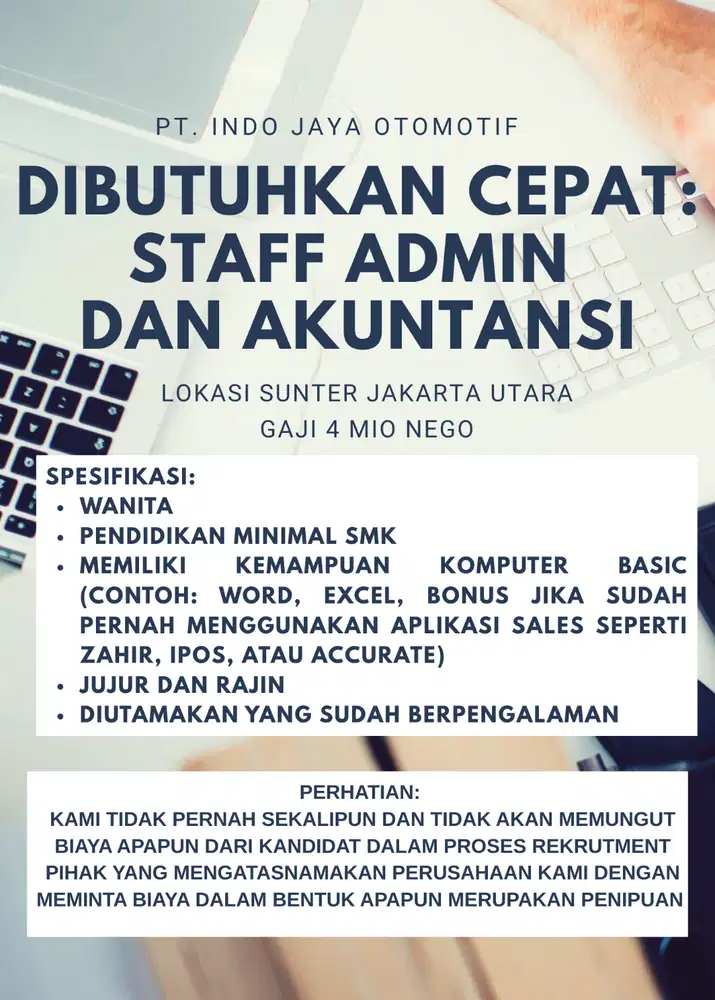 DIBUTUHKAN CEPAT STAFF ADMIN AKUNTANSI SUNTER JAKARTA UTARA