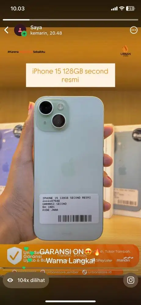 iphone 15 128GB second resmi Garansi on
