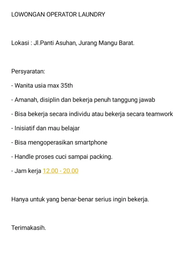 Lowongan Kerja Operator Laundry
