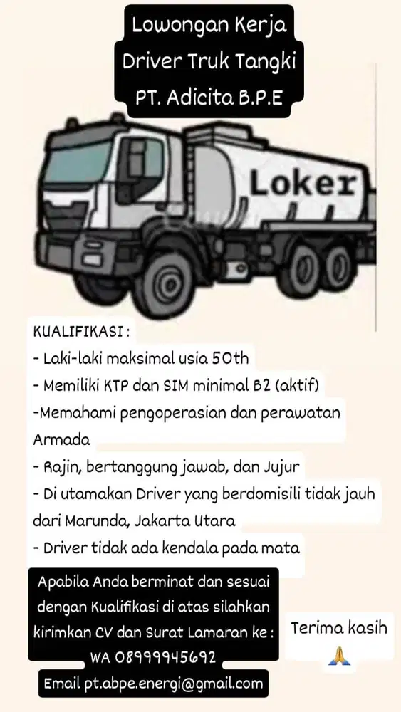 Lowongan Kerja Driver Truk Tangki