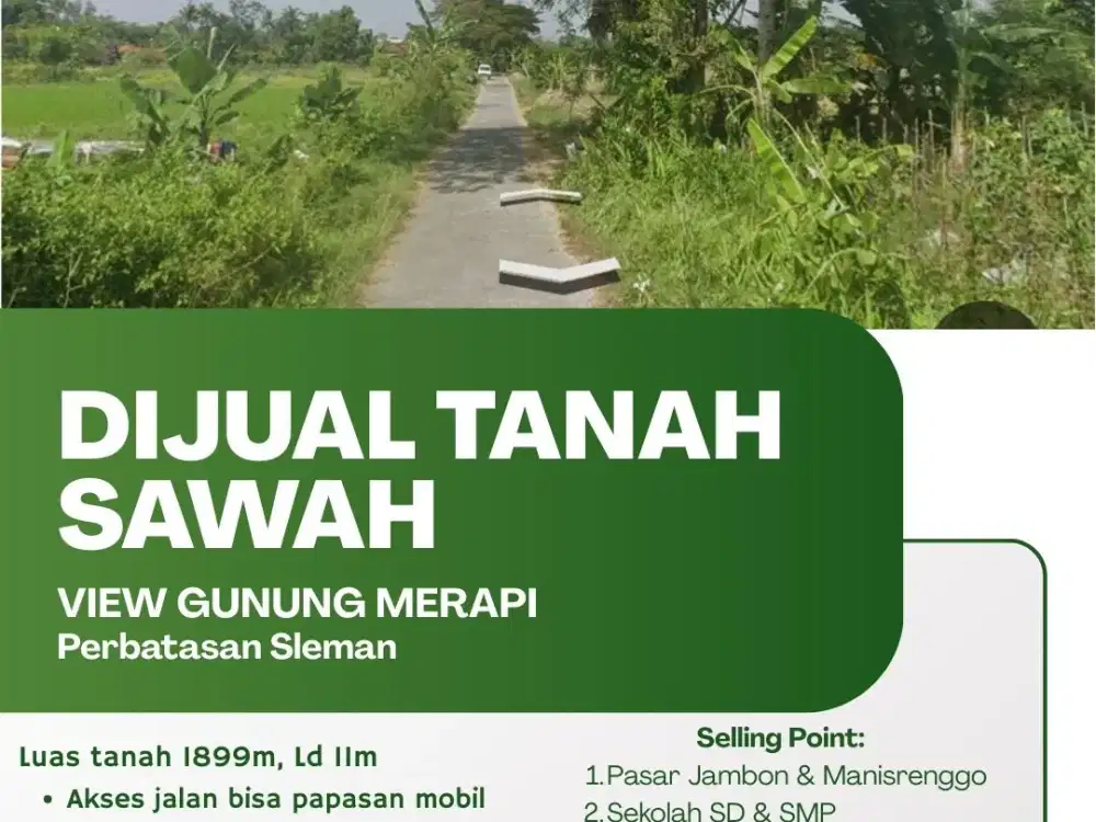 DIJUAL SAWAH MURAH PERBATASAN SLEMAN VIEW GUNUNG MERAPI