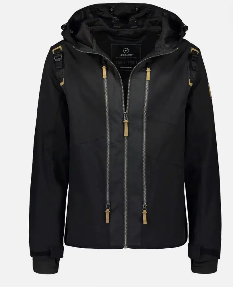 Neckpacker unisex black travel jacket dengan integrated bantal leher