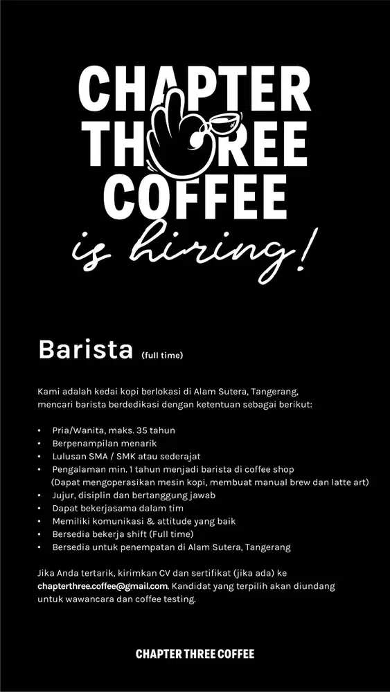 Dibutuhkan Junior Barista Full Time