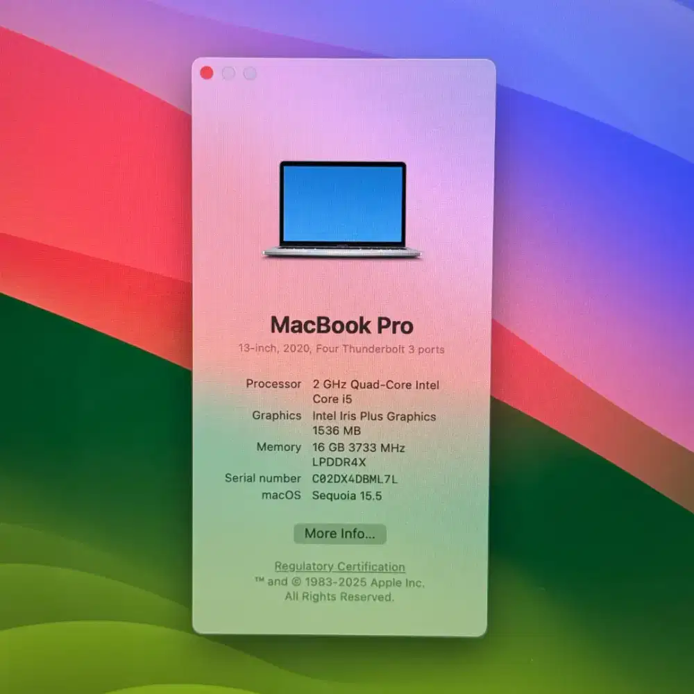 Macbook Pro 2020 layar 13 inch Ram 16 Ssd 512 Silver core i5