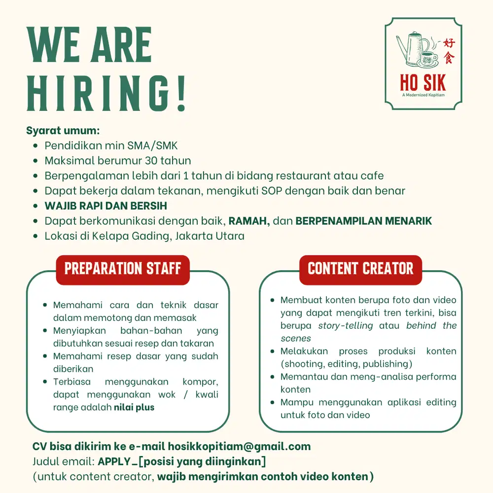 DIBUTUHKAN SEGERA PREPARATION STAFF DAN CONTENT CREATOR