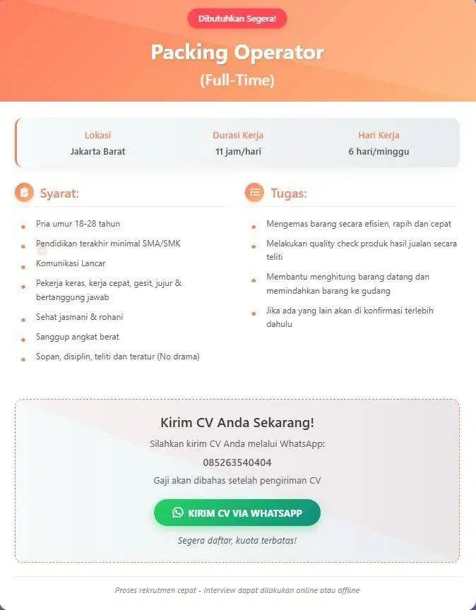 dicari packing operator cowok cewek 18-28tahun