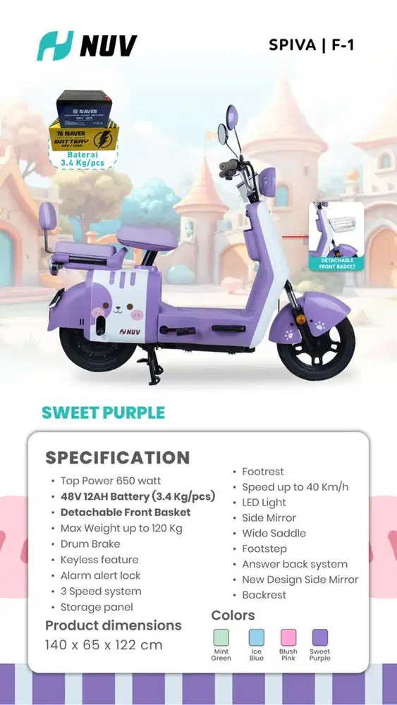Seped Listrik Terbaru NUV F1 Spiva 650 Watt 48V 12Ah
