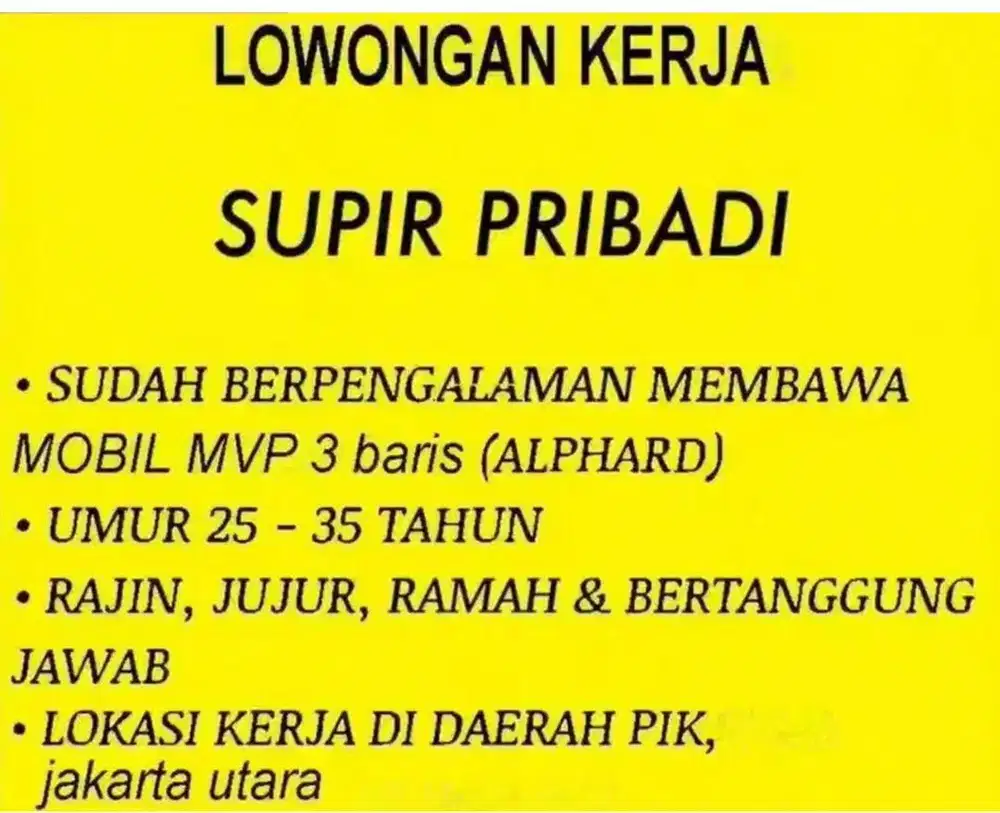 Dicari supir pribadi Alphard/Denza