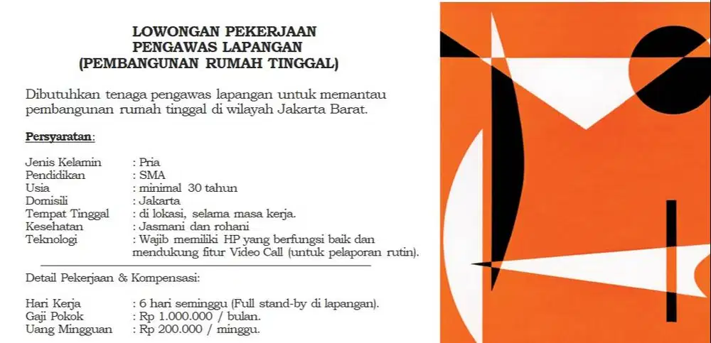 Di butuhkan segera pengawas lapangan