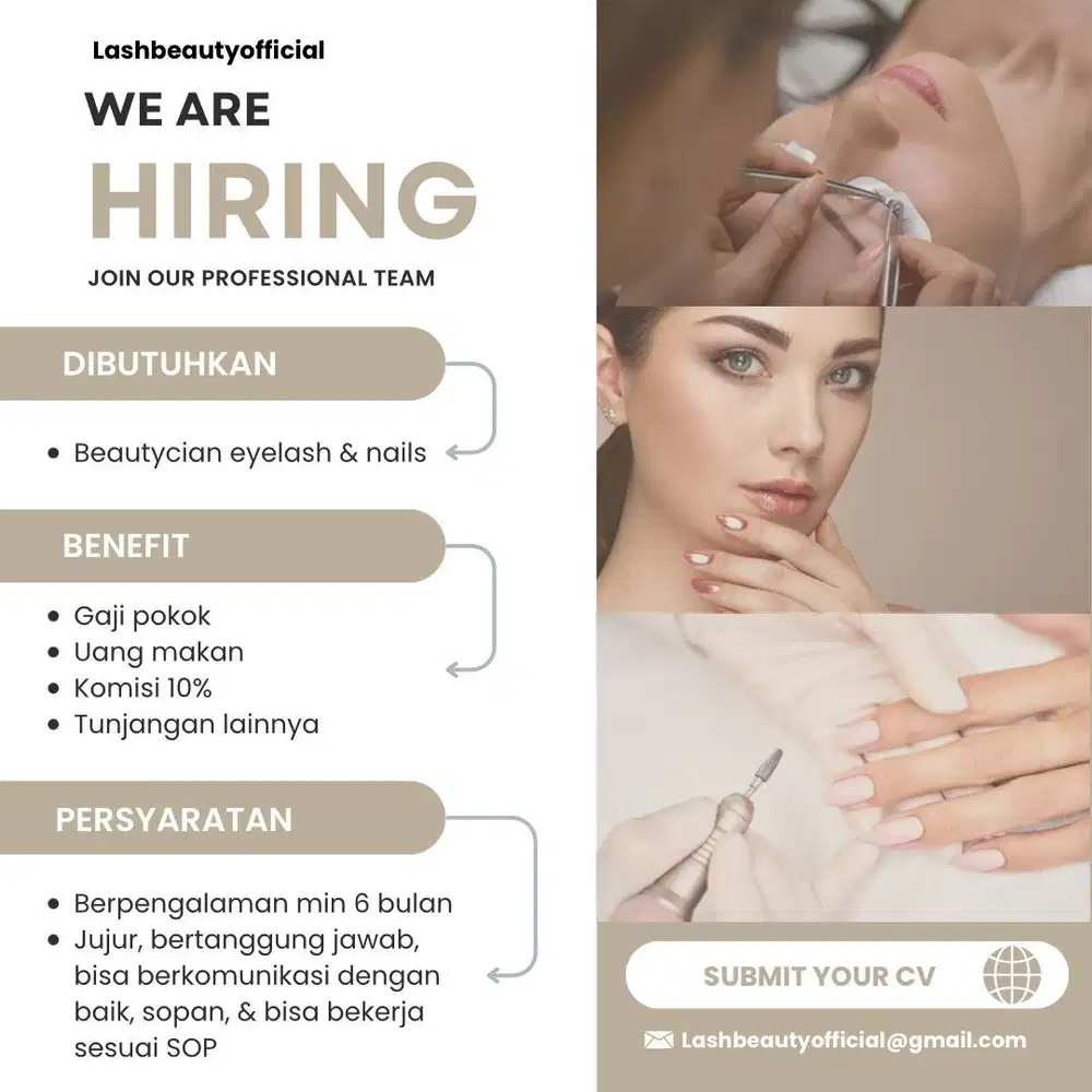 We are hiring beautycian eyelash dan nails