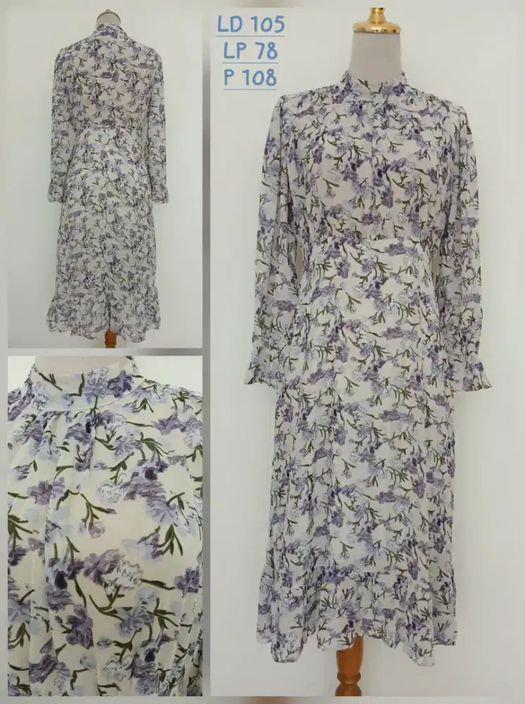 Baju terusan dress sifon tangan panjang size L, preloved