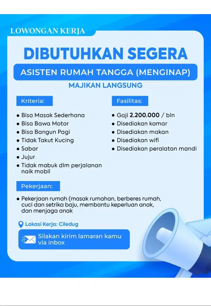 Dibutuhkan ART area Karang Tengah - Tangerang (Menginap)