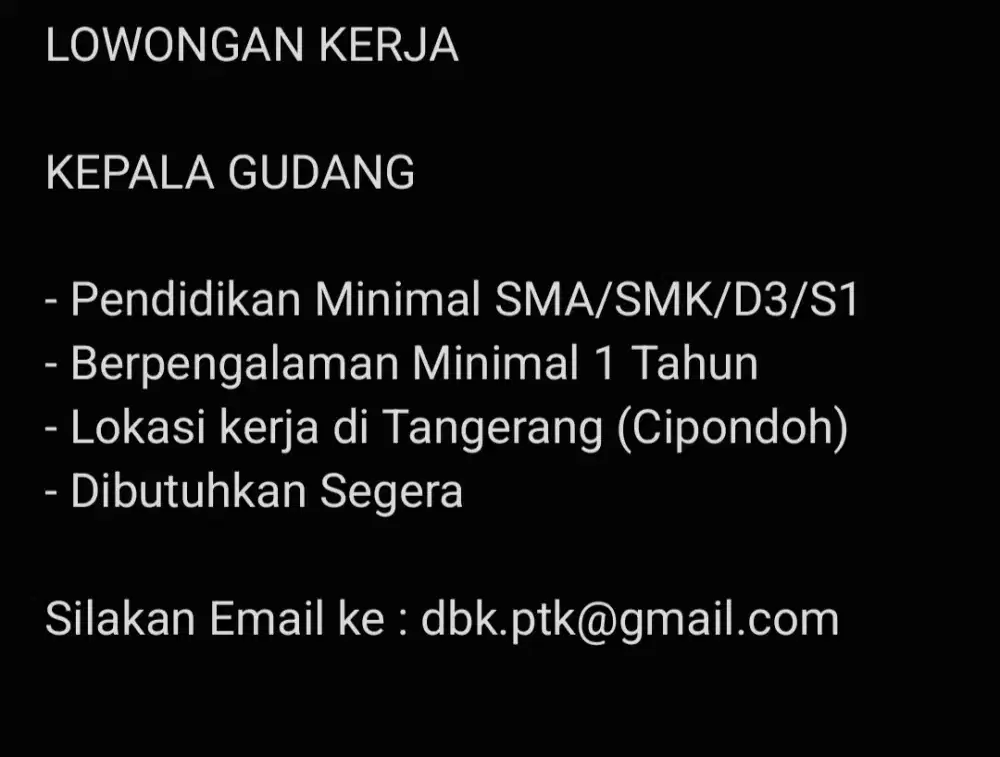 Lowongan kerja kepala gudang