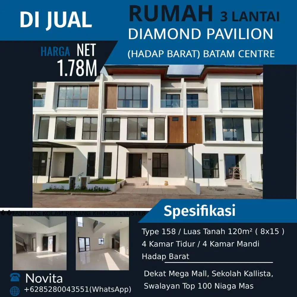 Rumah 3 Lantai Siap Huni Standard Dev DIAMOND PAVILION Batam Center