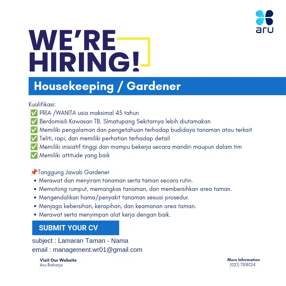 LOWONGAN KERJA — GARDENER / TUKANG TAMAN (HOUSEKEEPING)