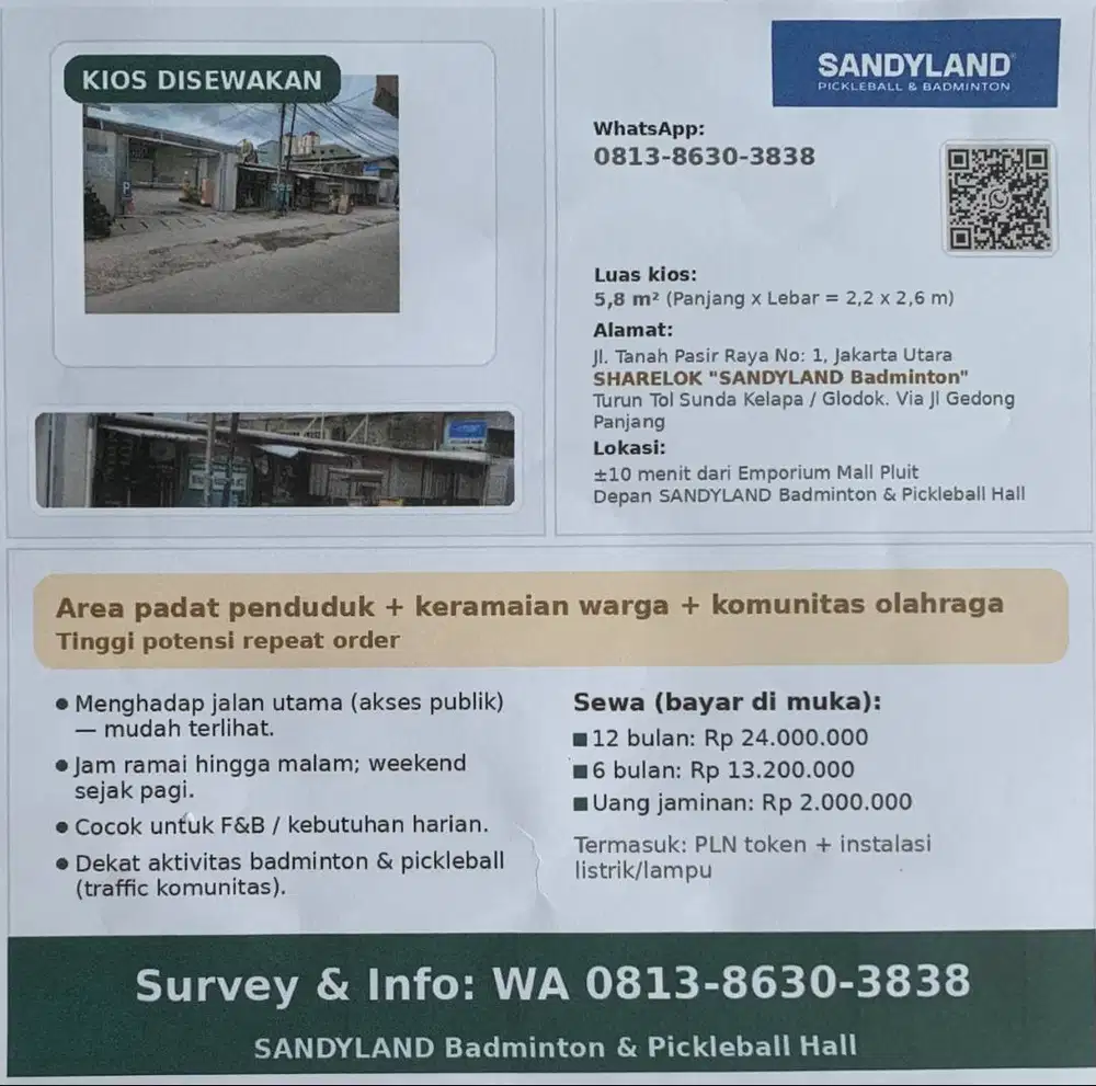 DISWAKNAN KIOS LOKASI STRATEGIS DEPAN SANDYLAND BADMINTON & PICKLEBALL