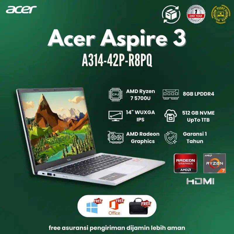 Acer Aspire 3 A314 42P R8PQ Amd Ryzen 7 5700U RAM 8GB SSD 512GB