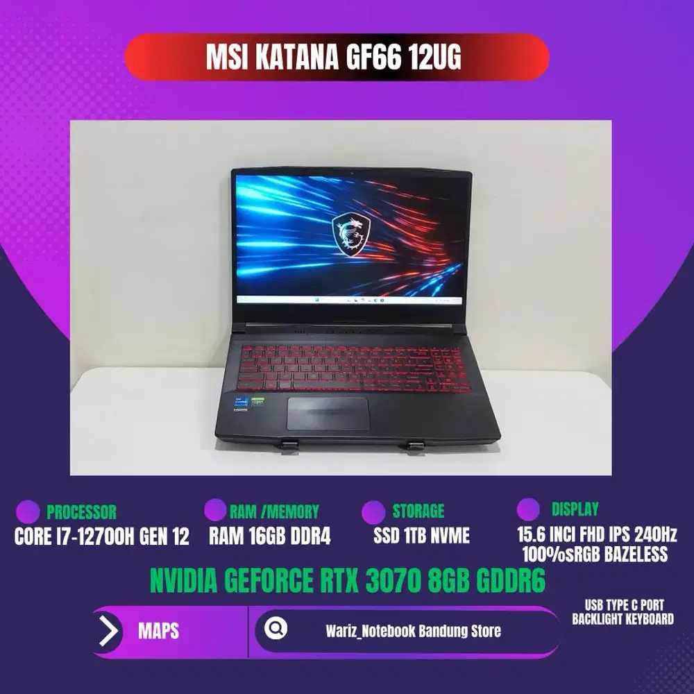 MSI KATANA GF66 12UG CORE I7-12700H NVIDIA RTX 3070 RAM 16GB SSD 1TB 1