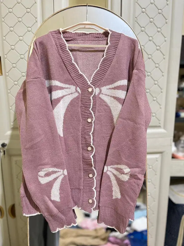 Cardigan pink pita lengan panjang