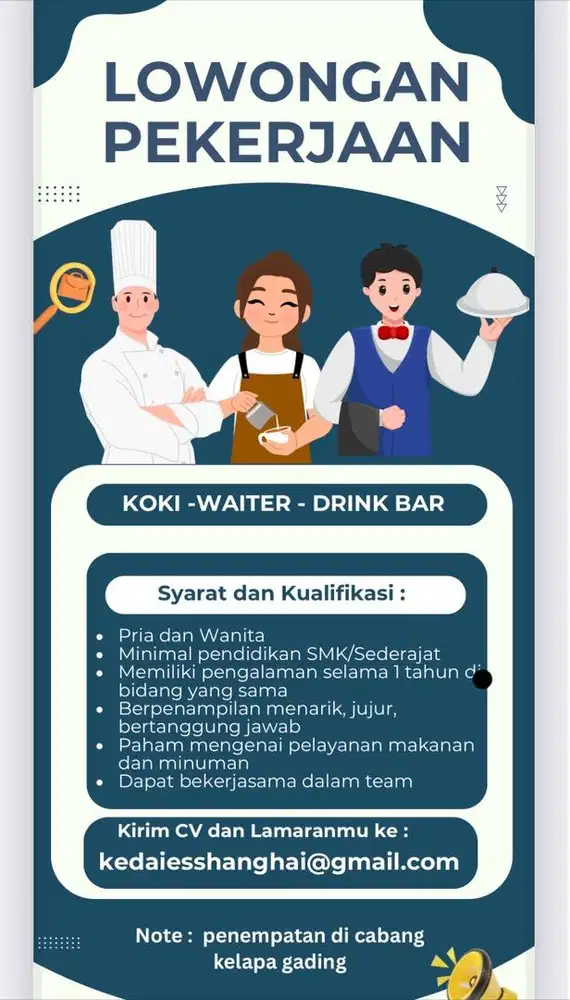 Dicari koki , waiters dan drink bar