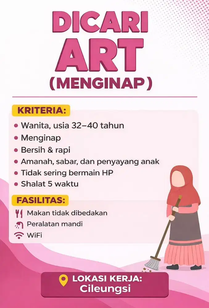 LOWONGAN KERJA  POSISI: ASISTEN RUMAH TANGGA & JAGA ANAK (MENGINAP)