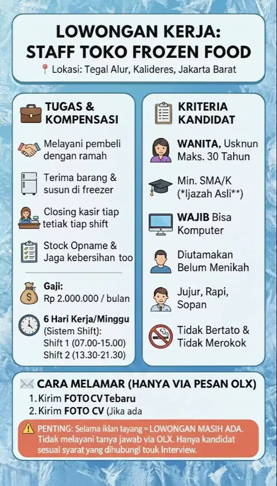 LOWONGAN : STAFF TOKO FROZEN FOOD, MENCENG PREPEDAN