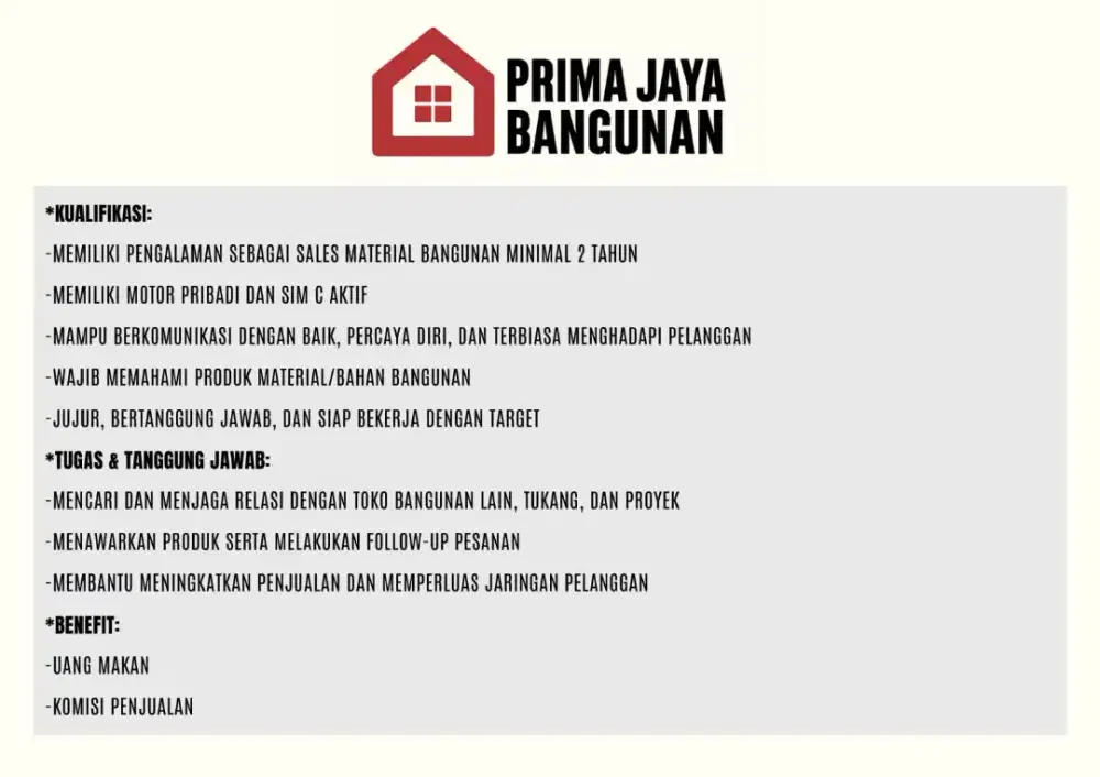 Dicari sales bahan bangunan keliling