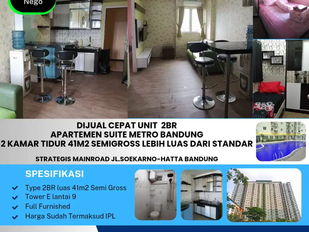 Dijual Cepat Unit Apartemen Suite Metro Bandung
2 Kamar Tidur ( 41m2 Semigross ), full furnished.