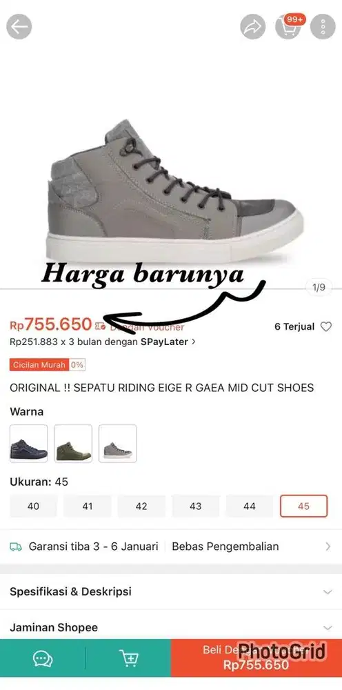 Sepatu touring Eiger seri Gaea Mid warna Grey size 45 / 29cm