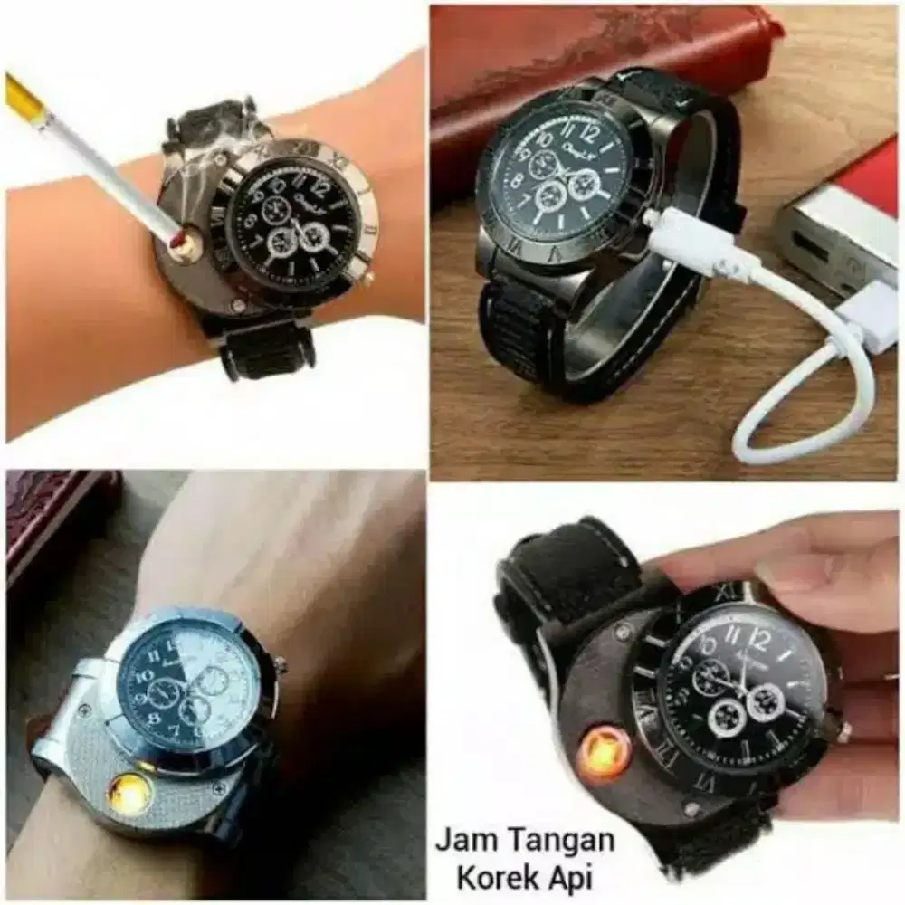 Jam Tangan Pria 2in1 Korek Lighter Charger USB