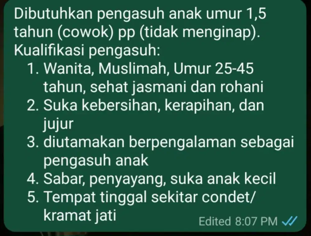 Dibutuhkan Pengasuh Anak Umur 1,5 Tahun