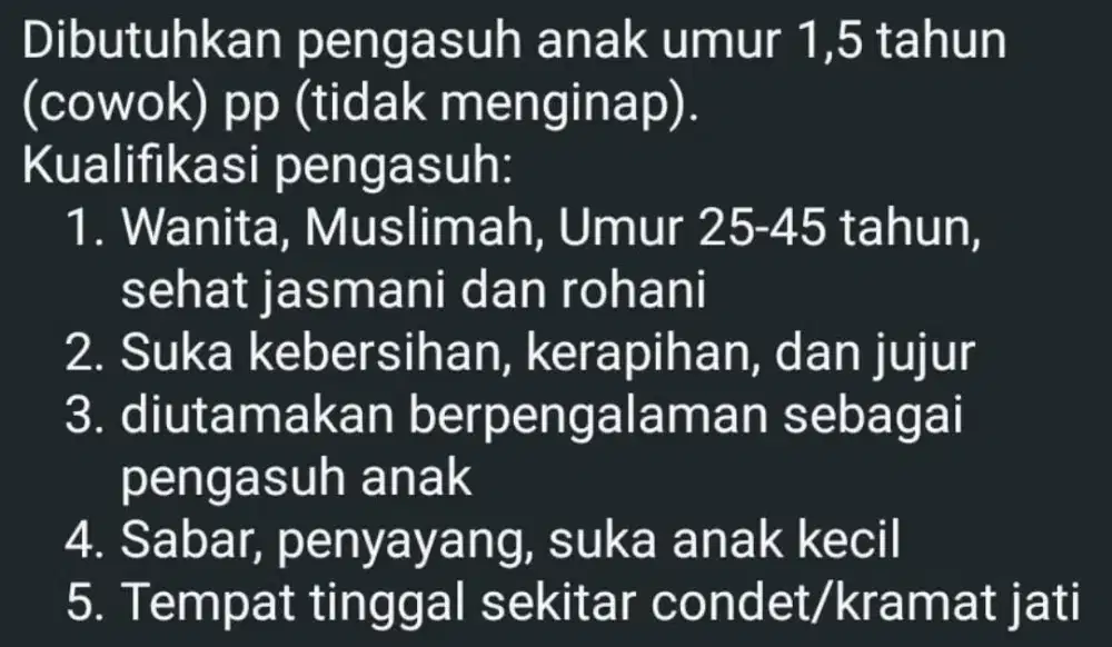 DIBUTUHKAN PENGASUH BAYI 1,5 THN PP