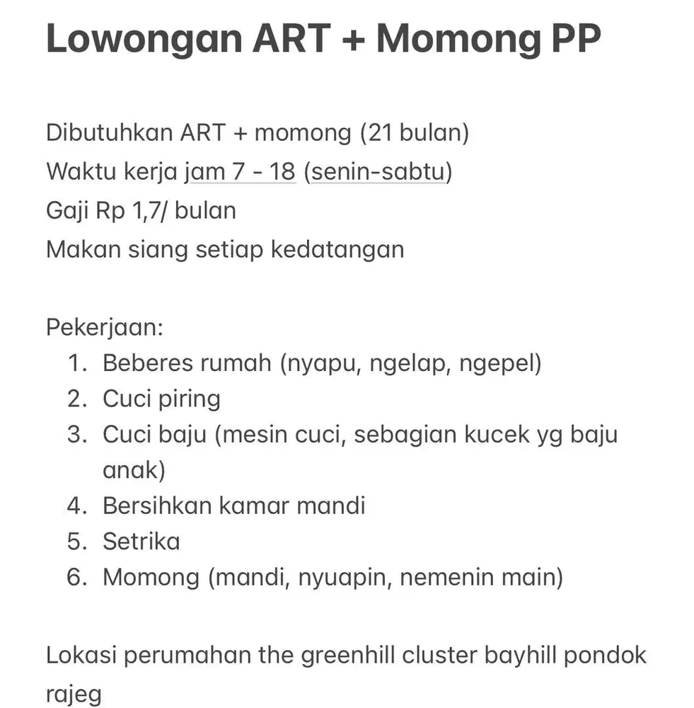 Dibutuhkan segera ART + Momong PP Gaji Rp 1.7/bulan