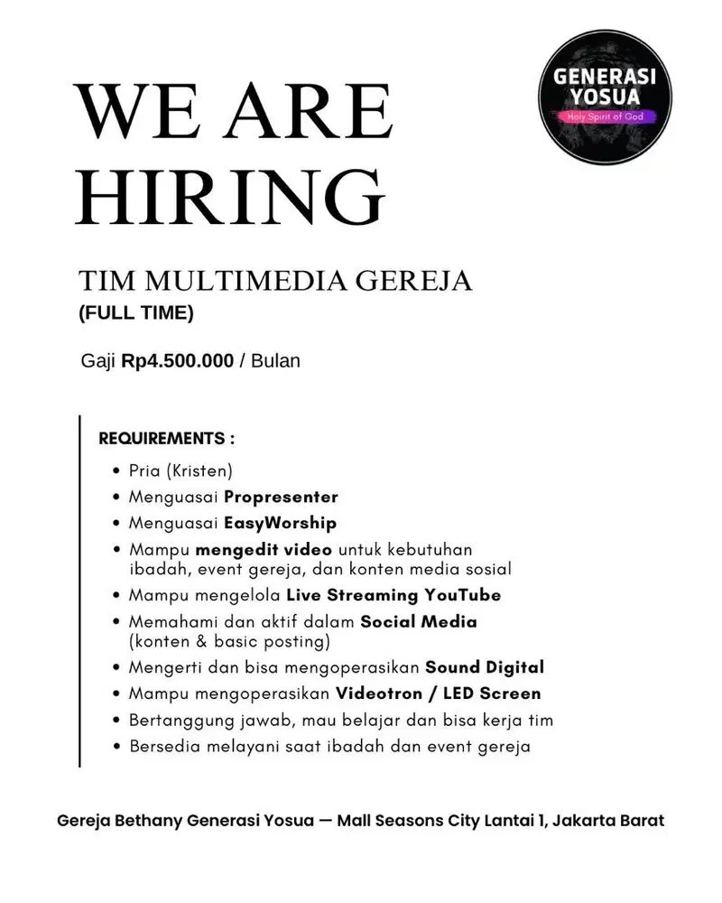 LOWONGAN KERJA FULL TIME – TIM MULTIMEDIA GEREJA