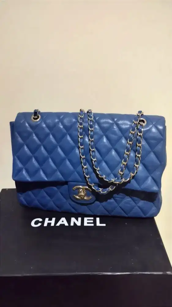 Tas Wanita Chanel Classic Flap Blue Genuine Leather Premium