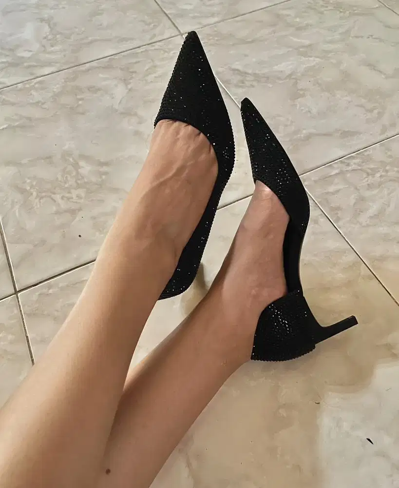 Zara black rhinestone kitten heel shoes.