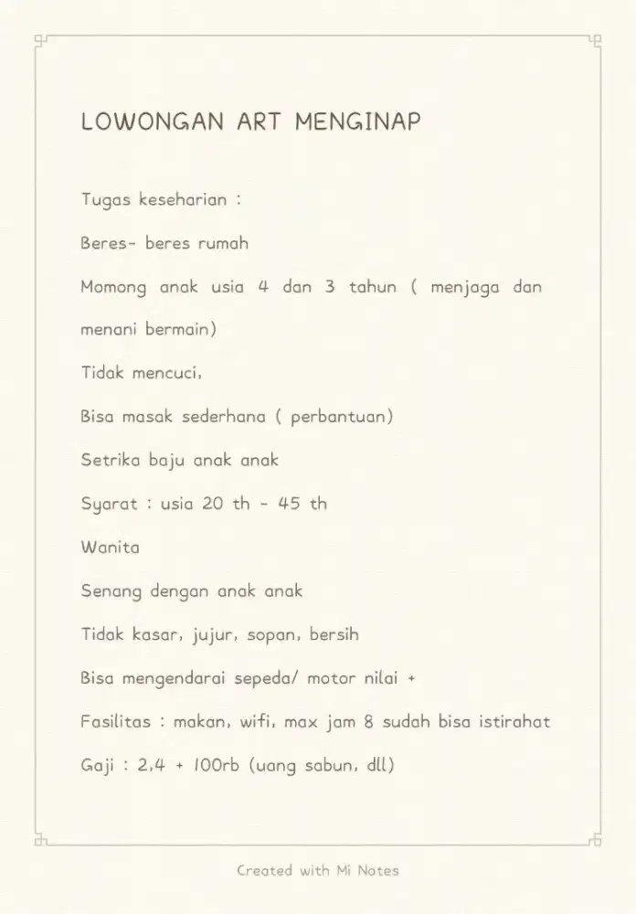 Lowongan ART menginap