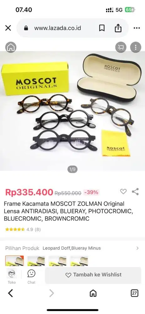 Frame Kacamata MOSCOT Black Dove