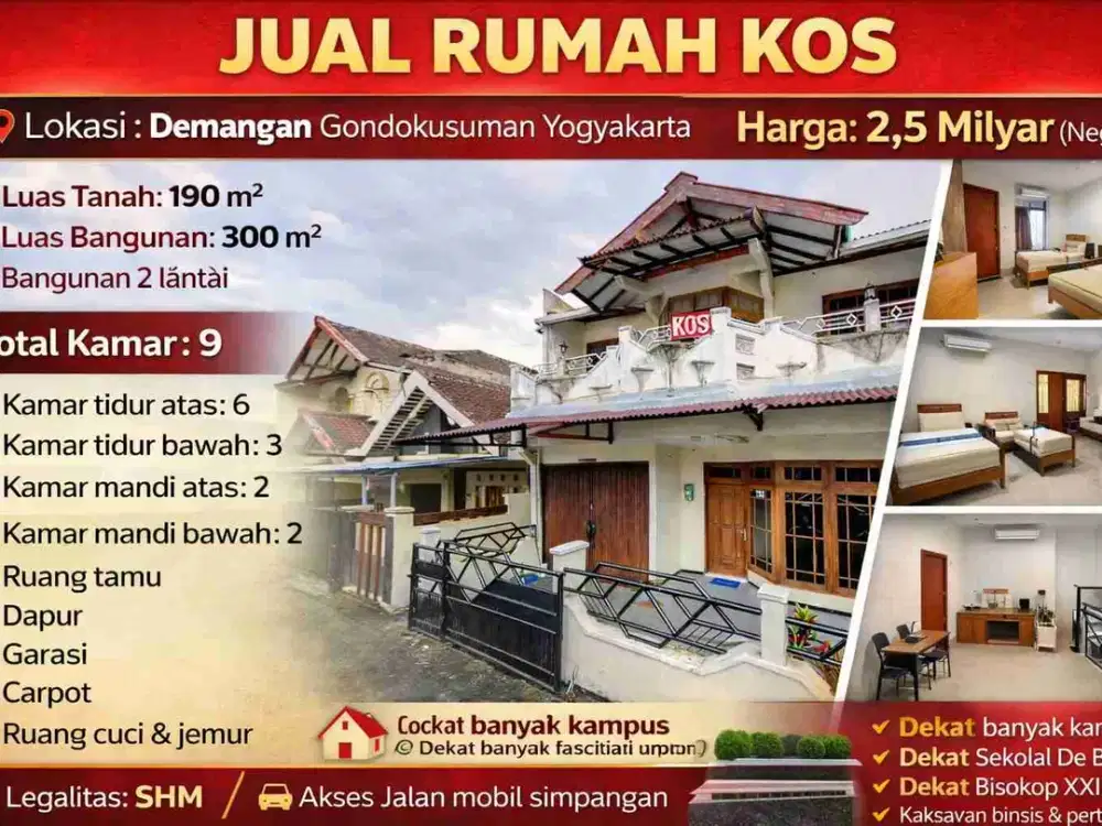 DIJUAL RUMAH KOS 2 LANTAI STRATEGIS – DEMANGAN YOGYAKARTA
Lokasi Premium | Dekat Kampus & Pusat Bisnis | Cocok Hunian & Investasi