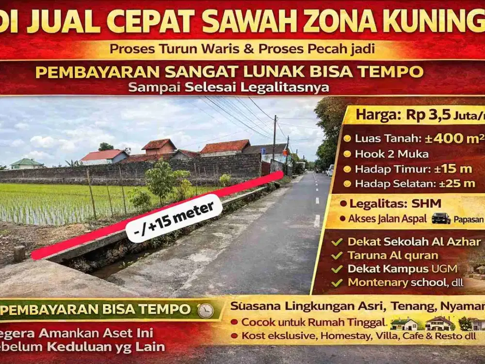 DIJUAL CEPAT SAWAH ZONA KUNING – KALIURANG KM 8
Hook 2 Muka | Pembayaran Bisa Tempo | Lokasi Premium Dekat UGM