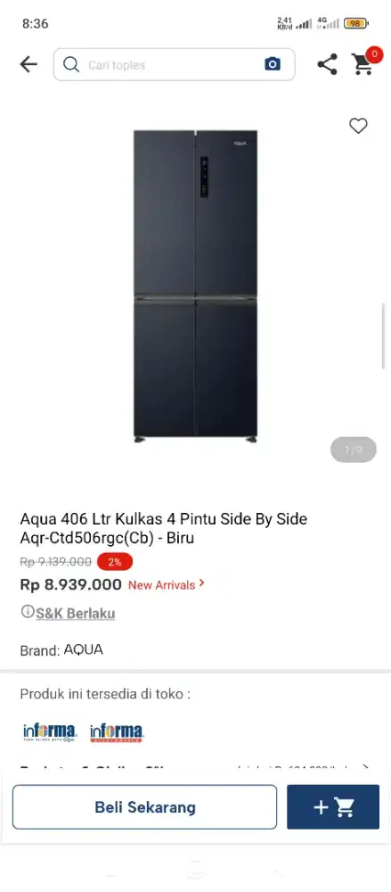 Kulkas aqua 4 pintu bisa cicilan pakai indodana paylater