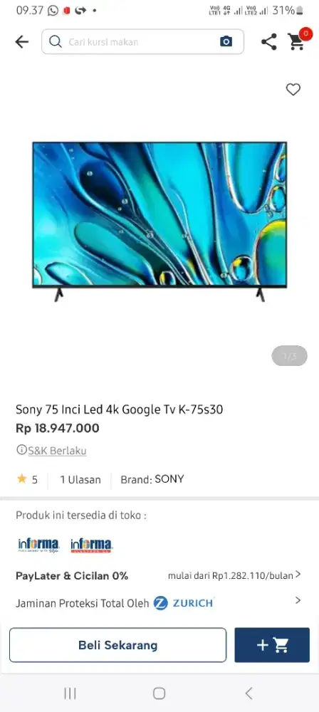 SONY GOOGLE TV 4K 75 INCI