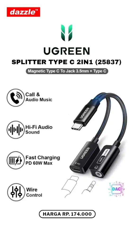 UGREEN SPLITTER TYPE C 2-IN-1 (25837)