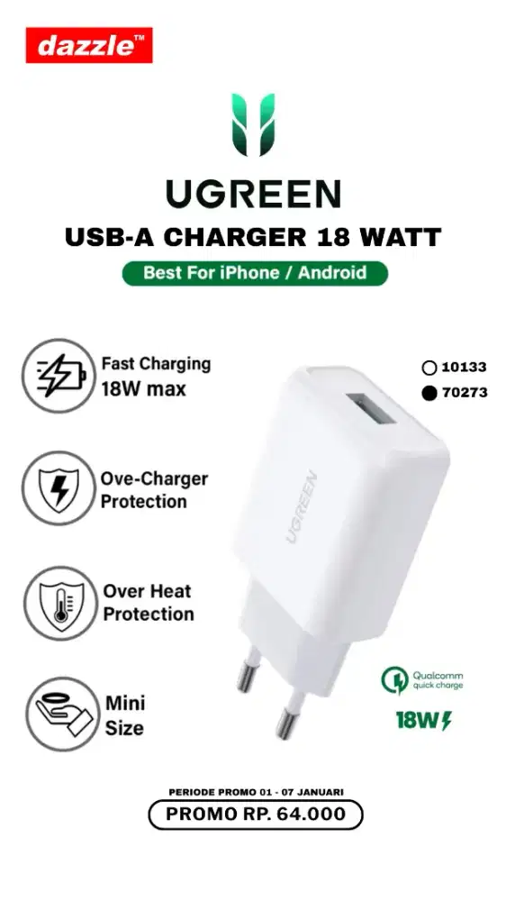 UGREEN USB A CHARGER 18 WATT (70273, 10133)