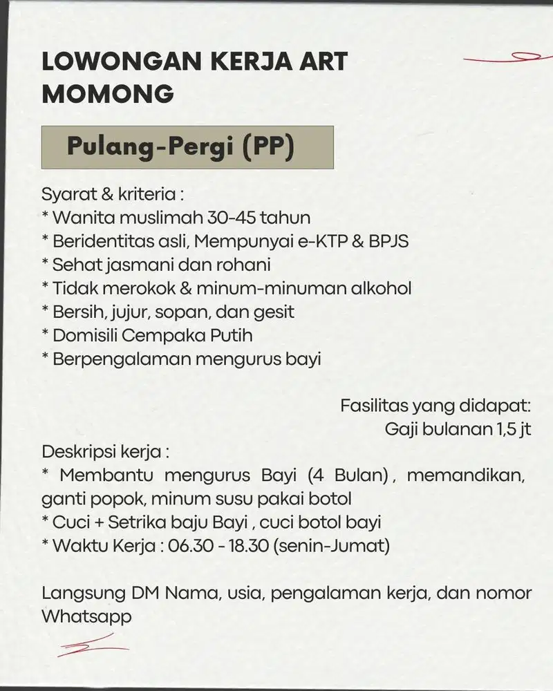 LOWONGAN KERJA ART MOMONG PP
