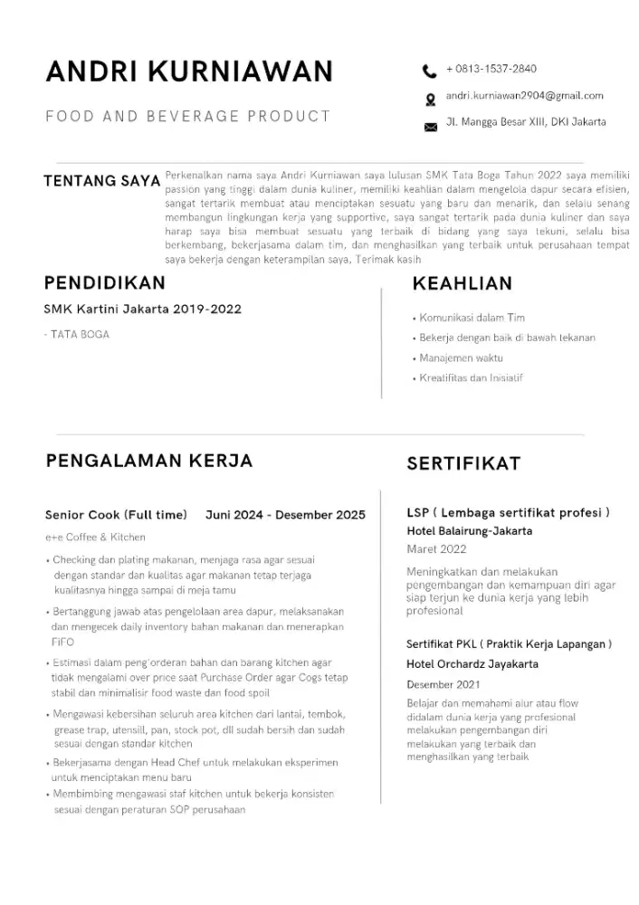 Mencari Lowongan Pekerjaan Cook/Sr.Cook/CDP di industri F&B