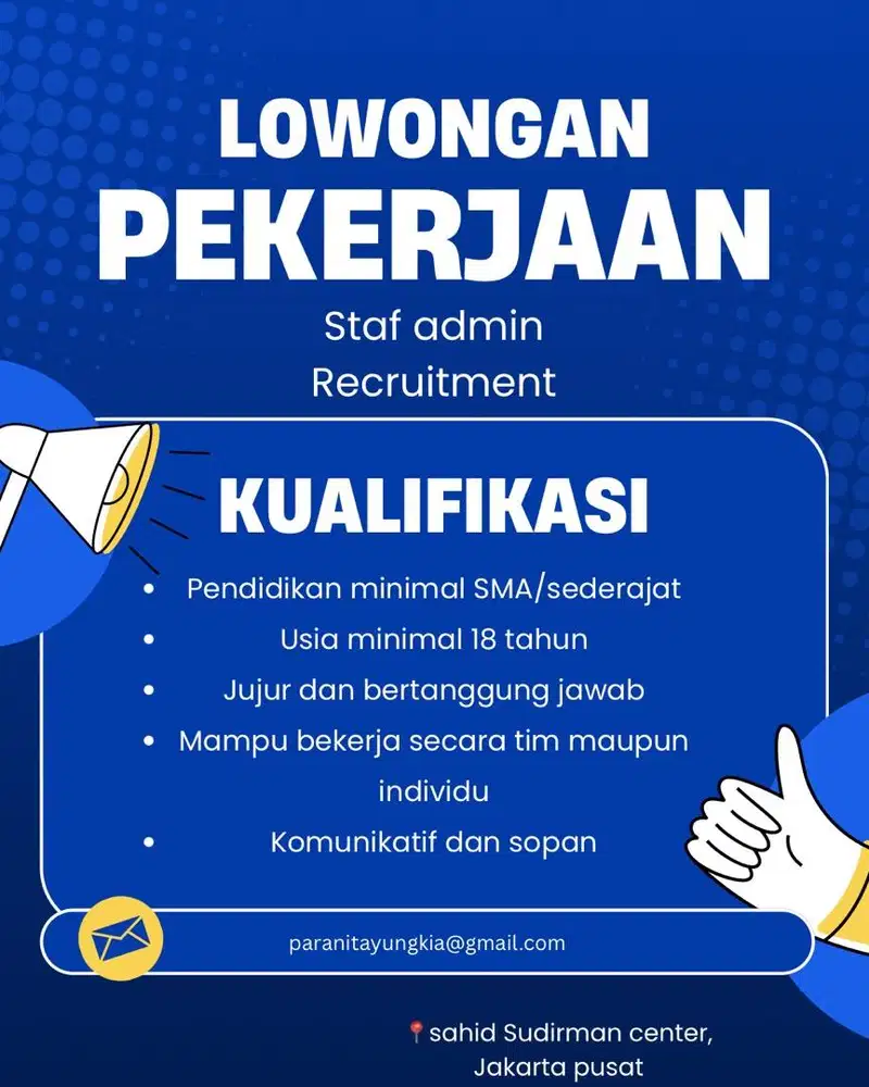 Di cari staf administrasi dan recruitment yang cepat dan cermat