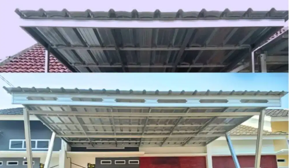 Kanopi rangka baja ringan atap spandek polos