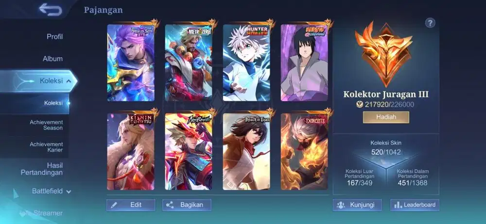 Akun mobile legen skin banyak