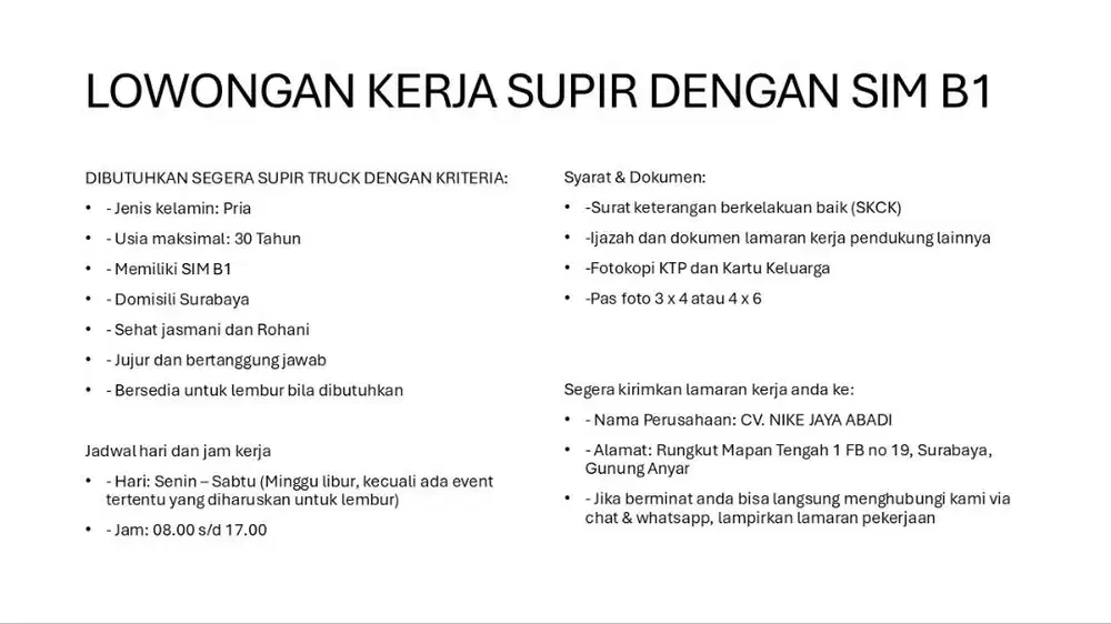 LOWONGAN KERJA SUPIR TRUCK SIM B1 SEGERA